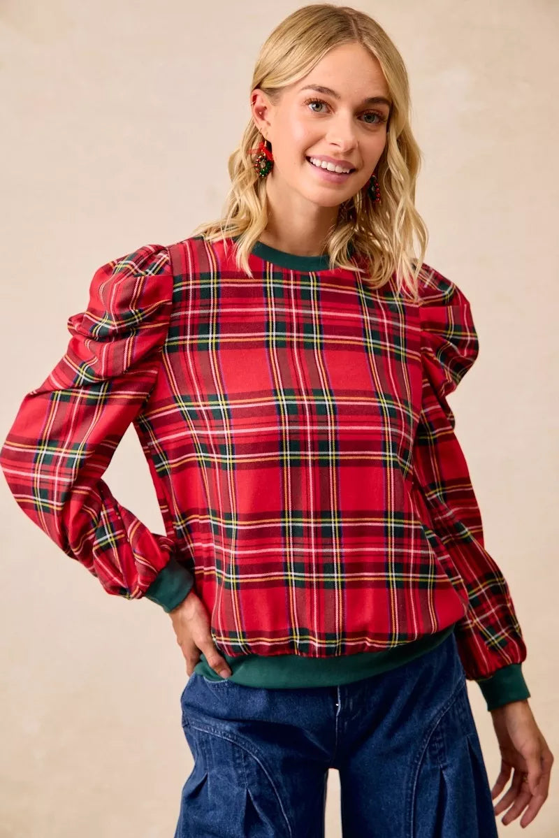 Christmas Plaid Exaggerated Shoulder Blouse