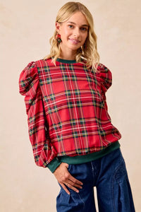 Christmas Plaid Exaggerated Shoulder Blouse