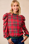 Christmas Plaid Exaggerated Shoulder Blouse