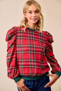 Christmas Plaid Exaggerated Shoulder Blouse