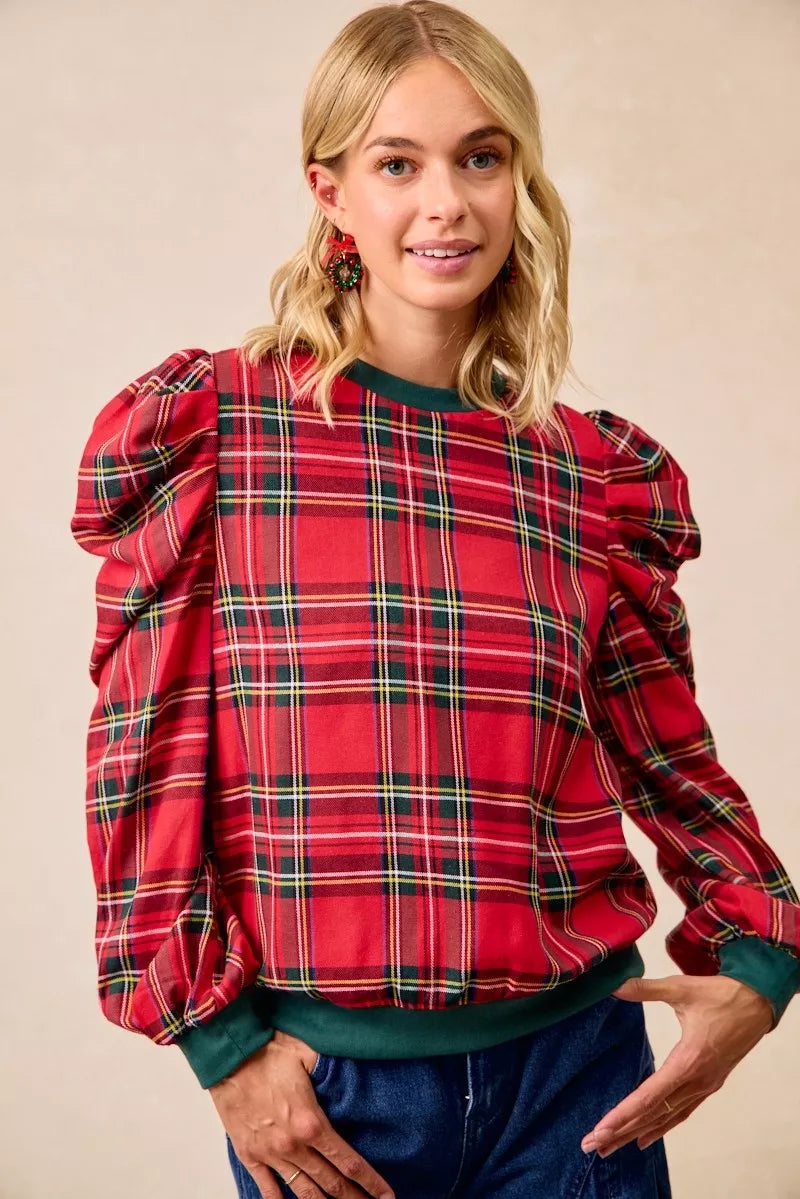 Christmas Plaid Exaggerated Shoulder Blouse