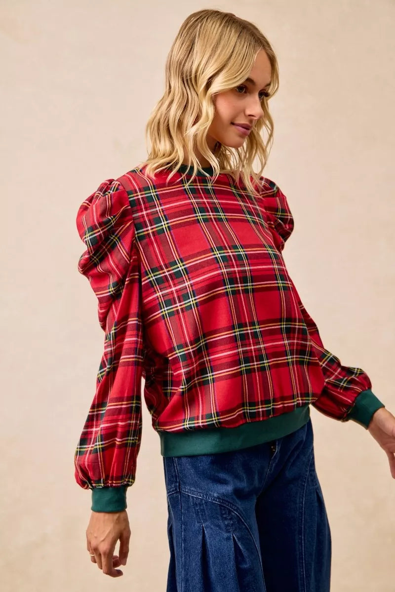 Christmas Plaid Exaggerated Shoulder Blouse