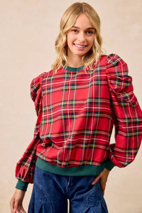 Christmas Plaid Exaggerated Shoulder Blouse