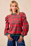 Christmas Plaid Exaggerated Shoulder Blouse