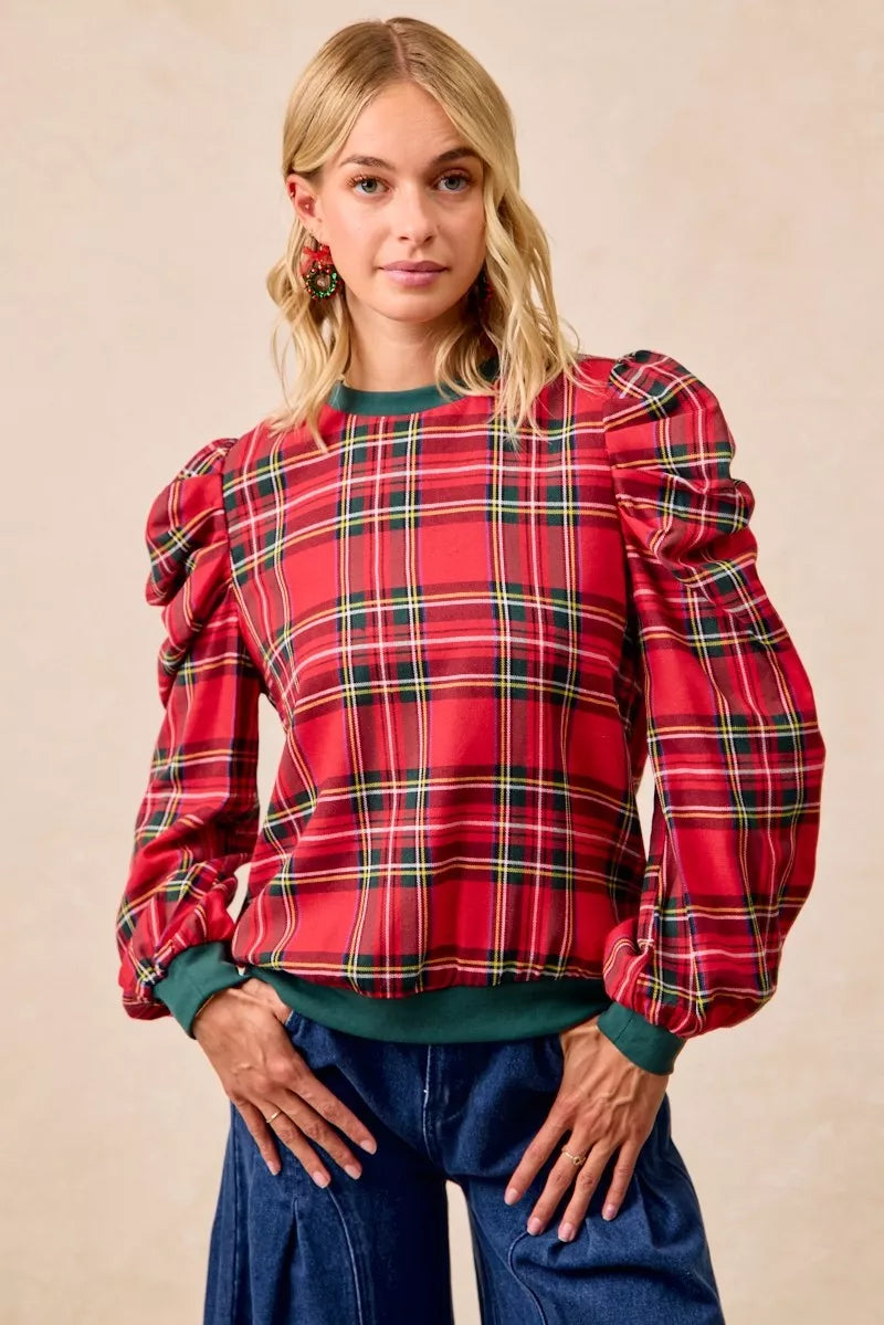 Christmas Plaid Exaggerated Shoulder Blouse