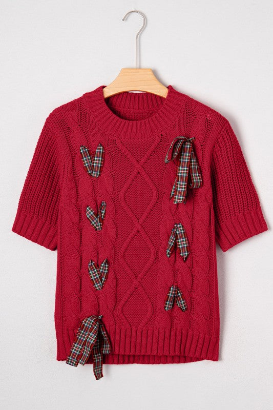 Christmas Plaid Ribbon Short Sleeve Sweater-Reef Love