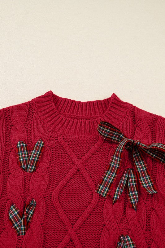 Christmas Plaid Ribbon Short Sleeve Sweater-Reef Love
