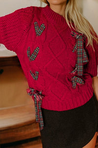 Christmas Plaid Ribbon Short Sleeve Sweater-Reef Love