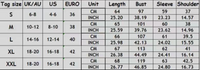 Size chart for clothing with measurements in inches, centimeters, and US/EU sizes.