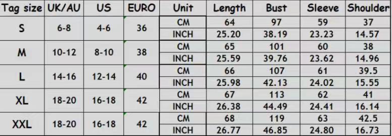 Size chart for clothing with measurements in inches, centimeters, and US/EU sizes.