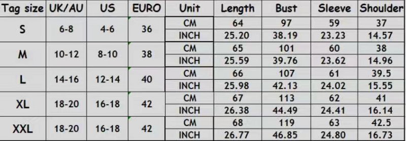 Size chart for clothing with measurements in inches, centimeters, and US/EU sizes.