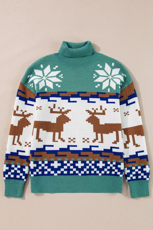 Christmas Reindeer Snowflake Turtleneck Sweater-Reef Love