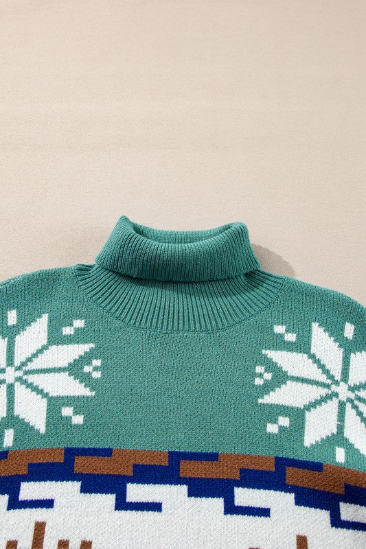 Christmas Reindeer Snowflake Turtleneck Sweater-Reef Love