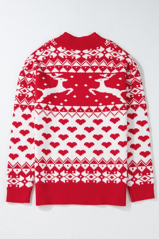 Christmas Reindeer and Heart High Neck Sweater-Reef Love