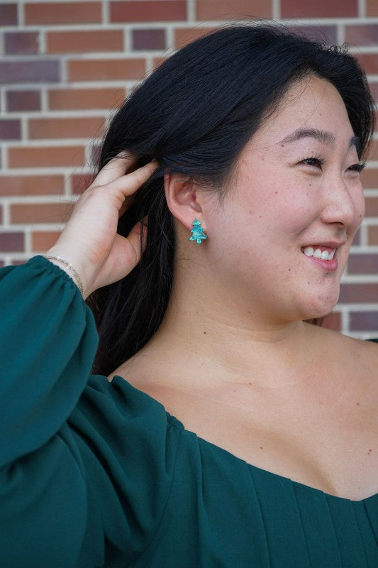 Christmas Tree Stud Earrings - Green Shimmer