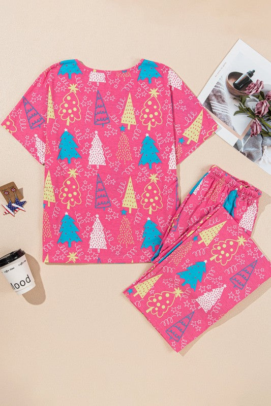 Christmas Tree V-Neck Tee and Pants Pajama Set-Reef Love