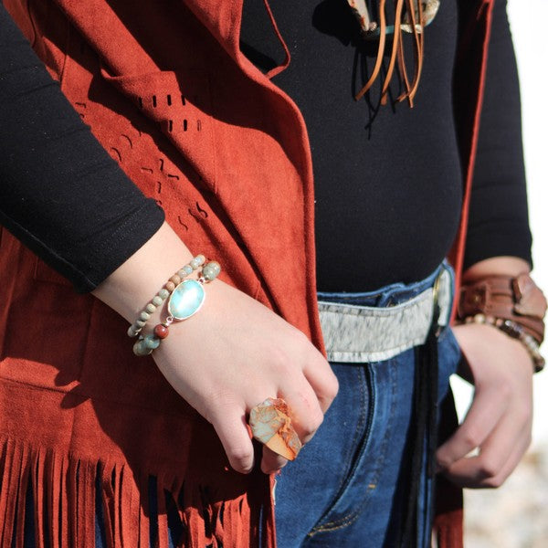 Chunky Aqua Terra Slab on Hammered Cuff Ring Base- Boho Chic Styles by Reef Love