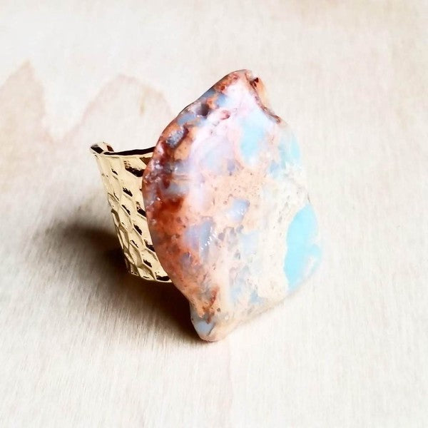 Chunky Aqua Terra Slab on Hammered Cuff Ring Base- Boho Chic Styles by Reef Love