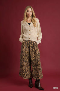 Chunky Cable Knit V-Neck Button-Up Cardigan, Ecru