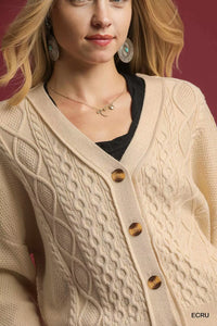 Chunky Cable Knit V-Neck Button-Up Cardigan, Ecru