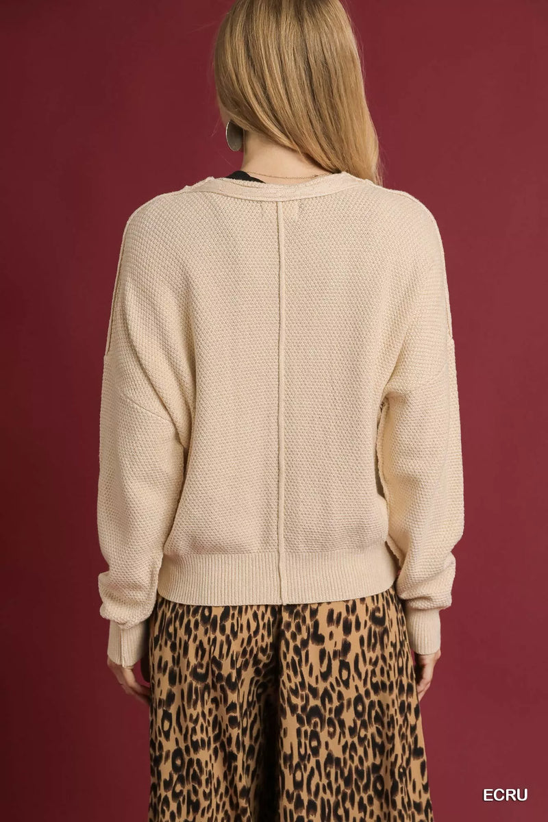 Chunky Cable Knit V-Neck Button-Up Cardigan, Ecru