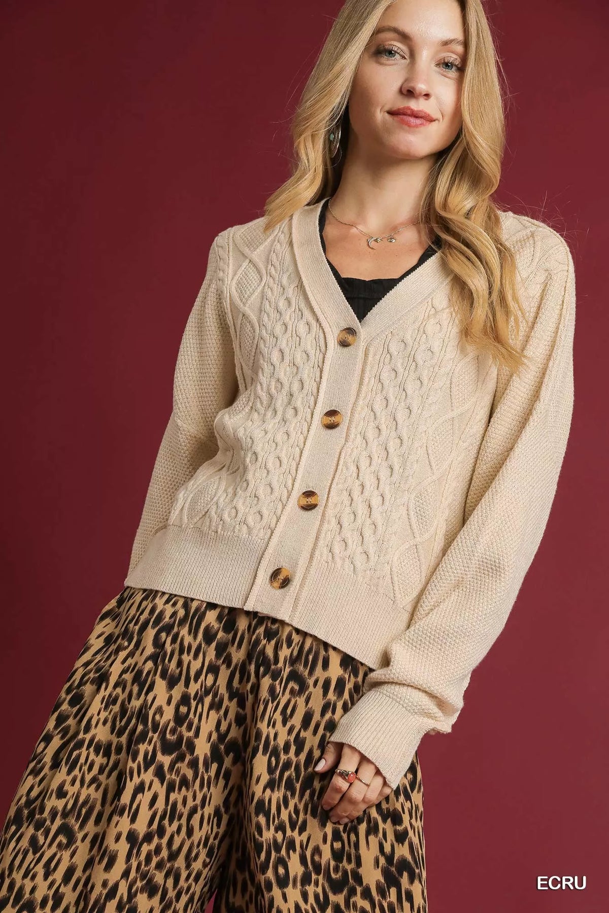 Chunky Cable Knit V-Neck Button-Up Cardigan, Ecru