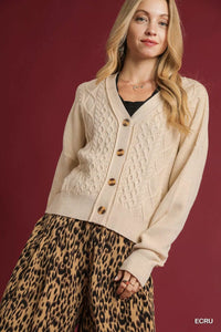 Chunky Cable Knit V-Neck Button-Up Cardigan, Ecru