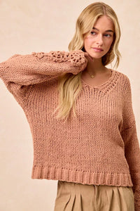 Chunky Knit Sweater with Flower Detail Sleeves, Peach