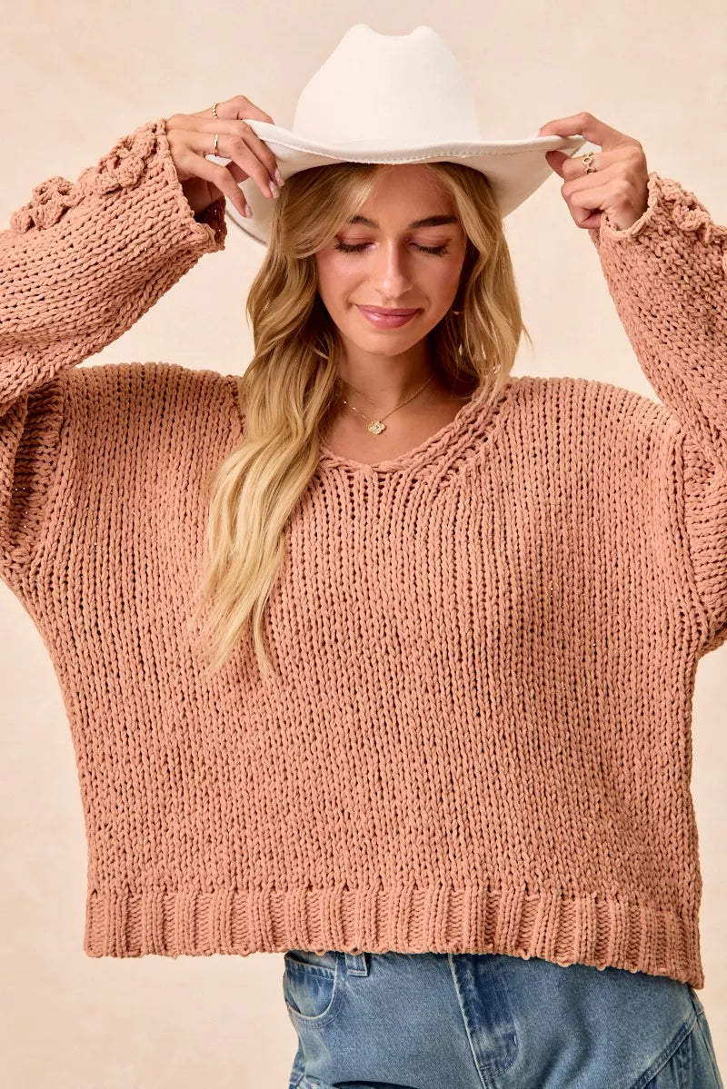 Chunky Knit Sweater with Flower Detail Sleeves, Peach
