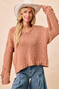 Chunky Knit Sweater with Flower Detail Sleeves, Peach