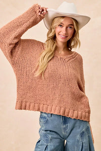 Chunky Knit Sweater with Flower Detail Sleeves, Peach
