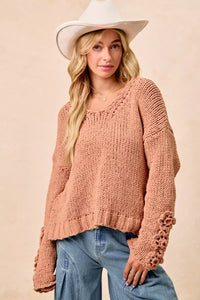 Chunky Knit Sweater with Flower Detail Sleeves, Peach
