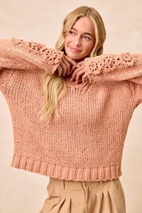 Chunky Knit Sweater with Flower Detail Sleeves, Peach