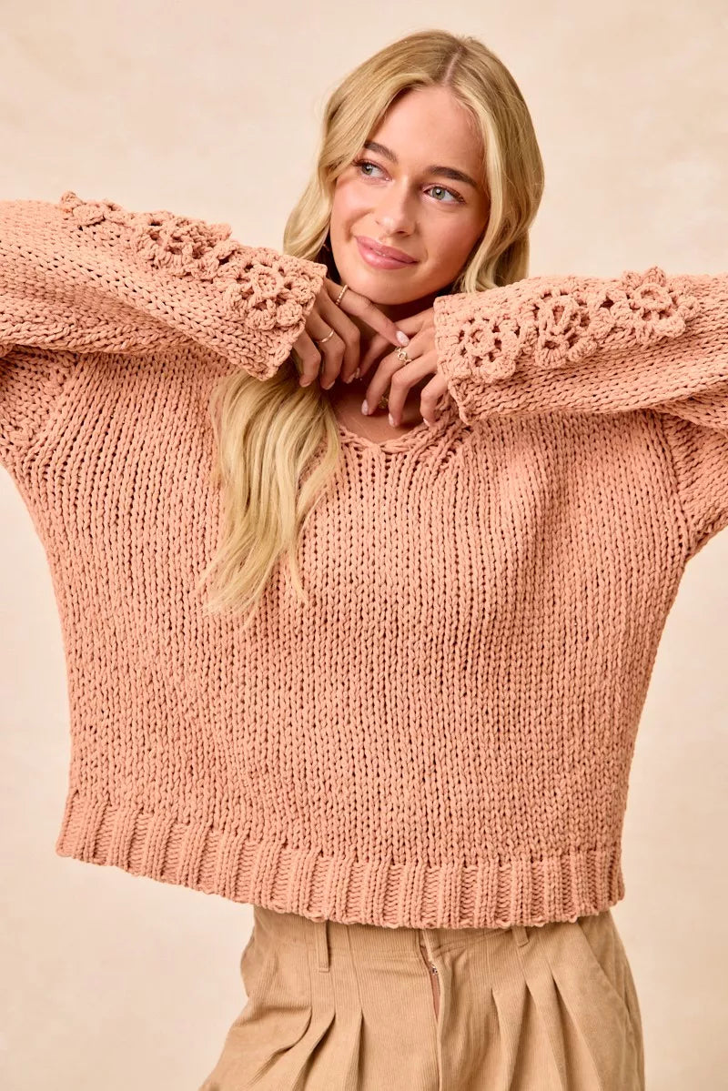 Chunky Knit Sweater with Flower Detail Sleeves, Peach