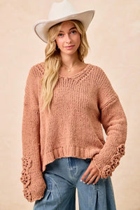 Chunky Knit Sweater with Flower Detail Sleeves, Peach