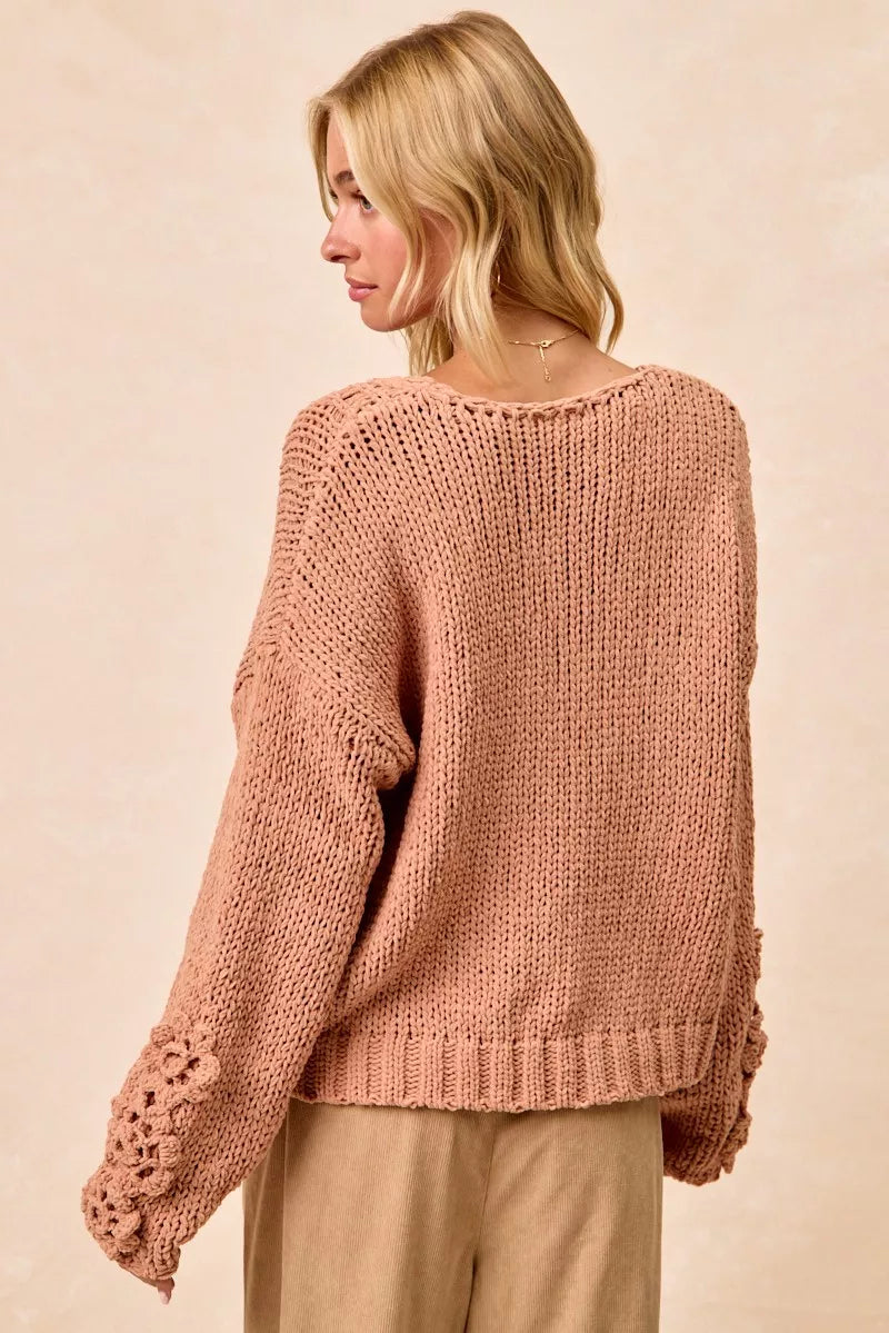 Chunky Knit Sweater with Flower Detail Sleeves, Peach