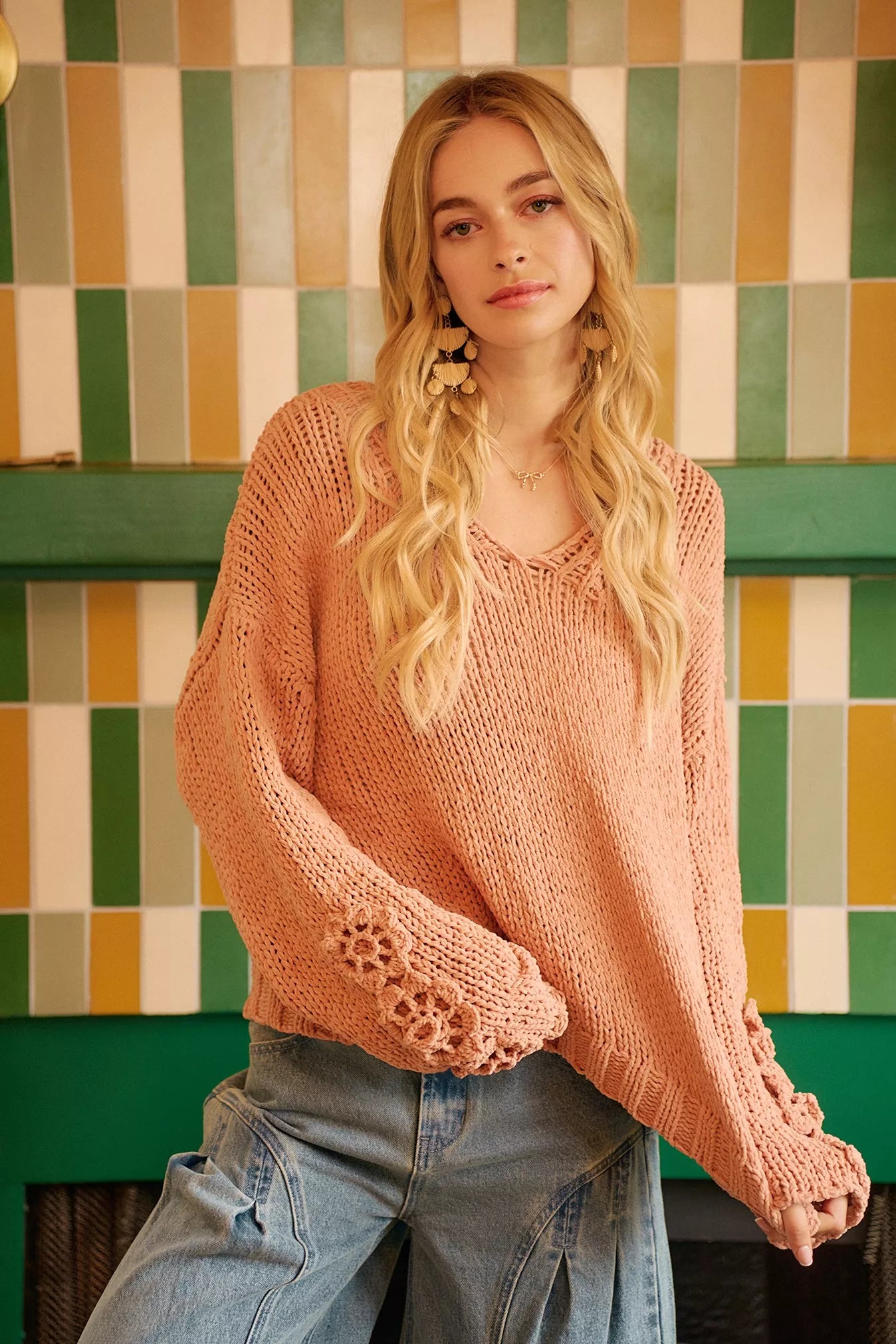 Chunky Knit Sweater with Flower Detail Sleeves, Peach