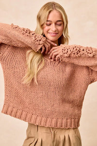 Chunky Knit Sweater with Flower Detail Sleeves, Peach