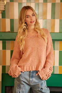 Chunky Knit Sweater with Flower Detail Sleeves, Peach