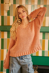 Chunky Knit Sweater with Flower Detail Sleeves, Peach