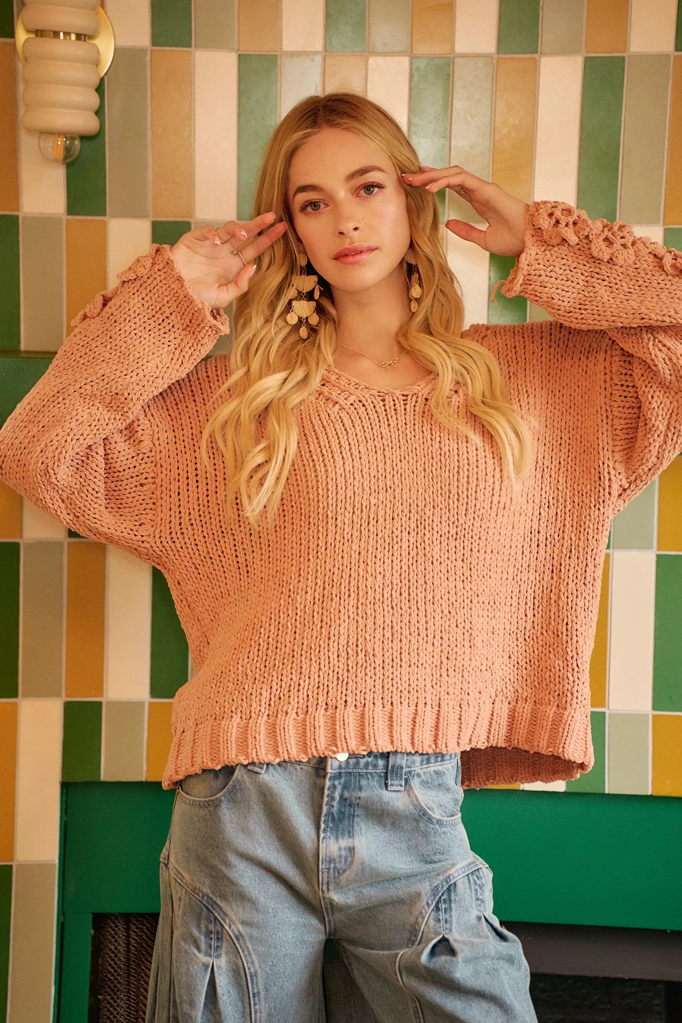 Chunky Knit Sweater with Flower Detail Sleeves, Peach