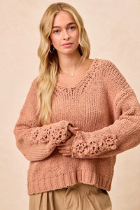 Chunky Knit Sweater with Flower Detail Sleeves, Peach