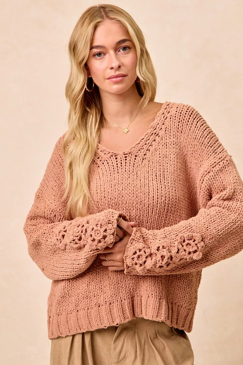 Chunky Knit Sweater with Flower Detail Sleeves, Peach