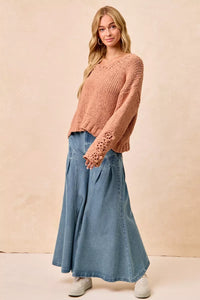 Chunky Knit Sweater with Flower Detail Sleeves, Peach