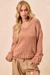 Chunky Knit Sweater with Flower Detail Sleeves, Peach