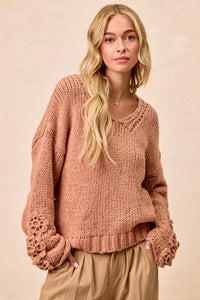 Chunky Knit Sweater with Flower Detail Sleeves, Peach
