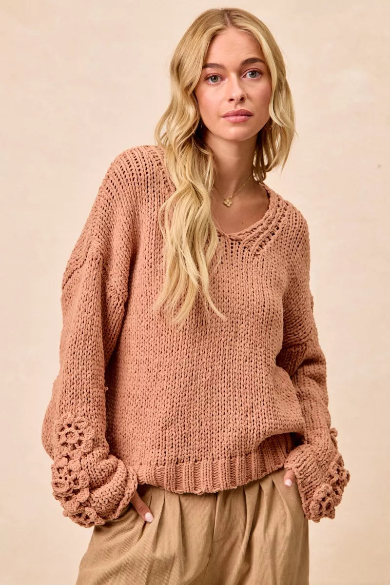 Chunky Knit Sweater with Flower Detail Sleeves, Peach