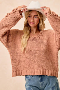 Chunky Knit Sweater with Flower Detail Sleeves, Peach