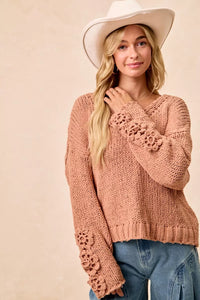 Chunky Knit Sweater with Flower Detail Sleeves, Peach