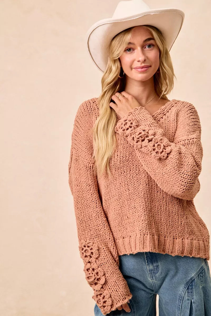 Chunky Knit Sweater with Flower Detail Sleeves, Peach